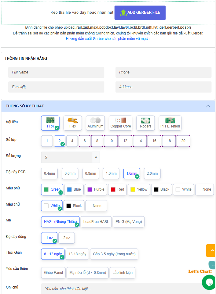 y&ecirc;u cầu b&aacute;o gi&aacute; mạch in